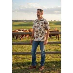 Vintage Lake Mately Men's L Tan Will Rogers Trigger Western Motif AOP SS Shirt